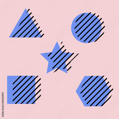 Triangle, square, circle, star, hexagon element designs with additional line shading
