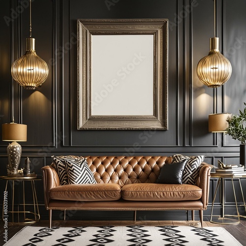 modern living room.a realistic 3D render of a mockup frame placed within a black living room interior adorned with retro decor. The frame should be positioned prominently on a wall, showcasing its sle photo