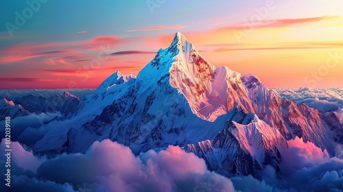 A snow-capped mountain range is shown in the distance with a bright, setting sun casting a pink and purple glow on the peaks. There is a dusting of snow on the foreground as well.

 photo