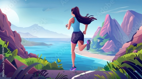 Sport workout, woman running by road with mountains around and an ocean view in the background. Cartoon modern illustration of a female character exercising, jogging or taking part in marathon.