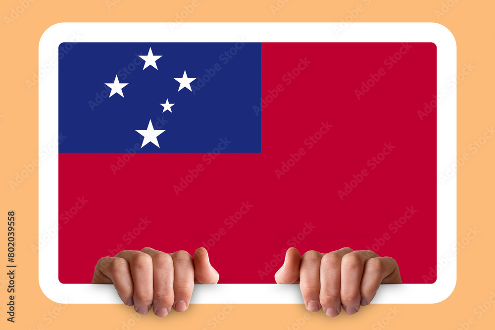 Hands holding a white frame with Samoa flag, celebration or campaigning concept, independence day Hands holding a white frame with Samoa flag, celebration or campaigning concept, independence day