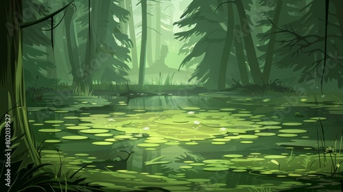 A parallax background swamp in the forest, a 2D landscape where a pond is oozy. An interface or wallpaper with cartoon nature illustrations. A computer adventure game, a fantasy mystic wild lake, or photo