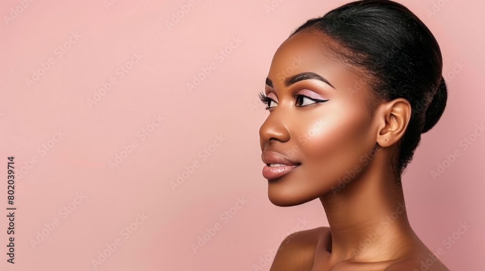 Naklejka premium Feminine portrait woman with subtle makeup on soft background, ample space for text