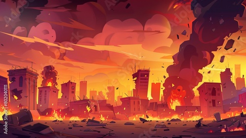 City in fire  war destroys  abandoned burnt buildings with smoke and flame. 2D cartoon cityscape set on layers  apocalypse UI animation.