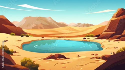 A tropical desert with an oasis and sand dunes. Cartoon illustration of dry cracked ground and green bushes in a hot tropical desert. photo