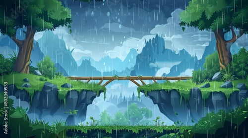 Background log bridge over cliff at rainy weather  2D landscapes with beautiful nature cartoon scenery  game animation with separated layers template  Modern illustration.
