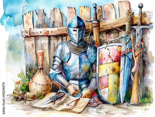 watercolor sublimation brave knight in full armor sits on a rock in front of a wooden fence. He is reading a map and looks determined to continue on his quest. photo