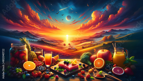 Exquisite Culinary Journey at Sunset: Savoring Twilight Tastes Against Vibrant Backdrop (Photo Stock Concept) photo