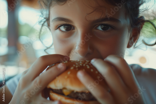 Junges Mädchen beißt in einen Burger photo