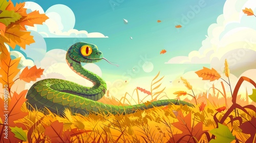 In nature, venomous snake Trimeresurus Salazar twines through a dry bush in a bright sunny field. Life of a wild reptile in nature, venom animal at nature, cartoon cartoon illustration. photo