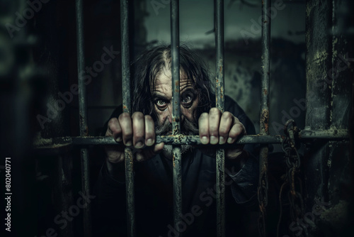 Verbrecher im Gefängnis hinter Gittern photo