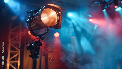 Powerful spotlights create artificial lighting in theater and film studio settings. Concept Theater Lighting, Film Studio Lighting, Artificial Spotlights, Stage Illumination, Cinematic Ambiance