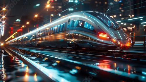 A bustling Maglev train station at night, the train sleek and streamlined, hovering above the tracks with a blur of motion