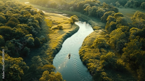 A captivating image of a winding river, with a small boat drifting along the current, capturing the peaceful and unhurried pace of a leisurely journey on World Sauntering Day. photo