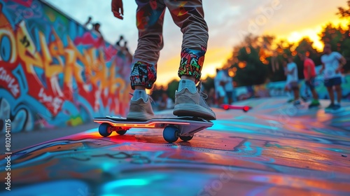 Hoverboards being used in a street race, colorful boards with neon trails, urban graffiti walls as the backdrop