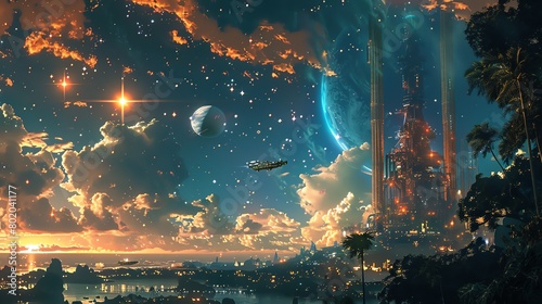 A space elevator extending into the cosmos from a verdant island base, star-studded sky above and busy launch pad below