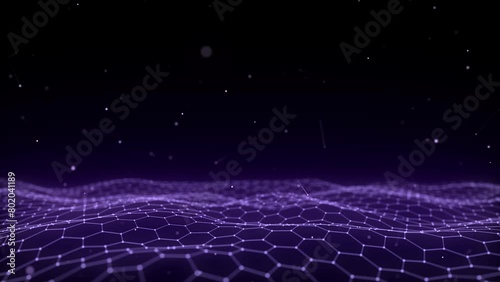 Futuristic hexagon wave. Dark cyberspace. Abstract wave with dots and line. Purple moving particles on a black background. 3d rendering.