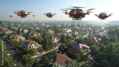 Drone delivery systems operating in a suburban area, multiple drones carrying packages, houses and trees below, clear daytime sky