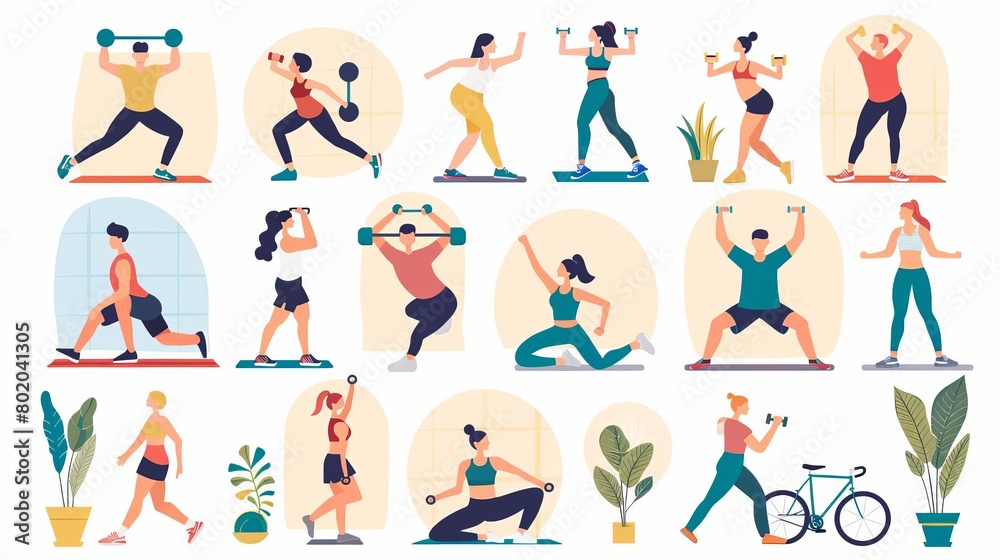 People doing exercises with dumbbell, squat, practice yoga, cycling Men, women, families and couples doing sports at home Home workout collection Vector illustration in flat cartoon style People doing exercises with dumbbell, squat, practice yoga, cycling Men, women, families and couples doing sports at home Home workout collection Vector illustration in flat cartoon style