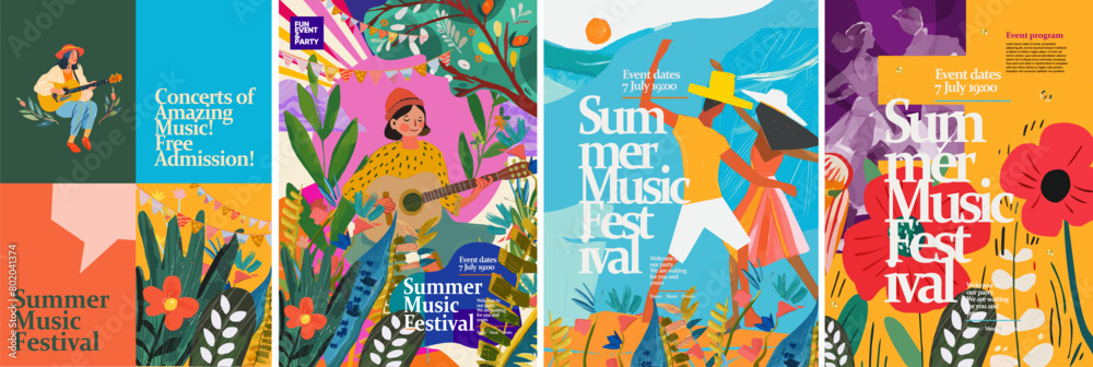 Fototapeta premium Music and dance summer festival in nature. Vector illustration of a musician playing a trumpet, a girl with a guitar, dancing people, holiday flags, leaves, flowers, for a poster, flyer, social media