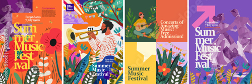 Music and dance summer festival in nature. Vector illustration of a musician playing a trumpet, a girl with a guitar, dancing people, holiday flags, leaves, flowers, for a poster, flyer, social media  photo