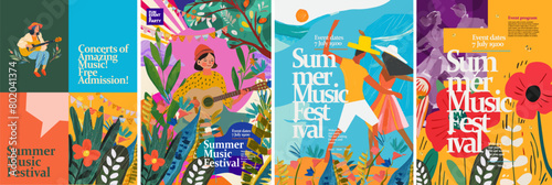 Music and dance summer festival in nature. Vector illustration of a musician playing a trumpet, a girl with a guitar, dancing people, holiday flags, leaves, flowers, for a poster, flyer, social media photo
