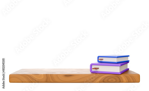 3d wooden shelf with books on transparent background