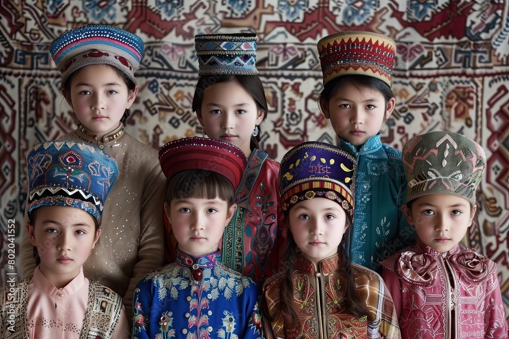 Seven children in traditional Turkmen costumes against the backdrop of a patterned carpet. Tapestry.  Group photo of young Uzbek kids. Embroidery. Culture. Generation. Kyrgyzstan