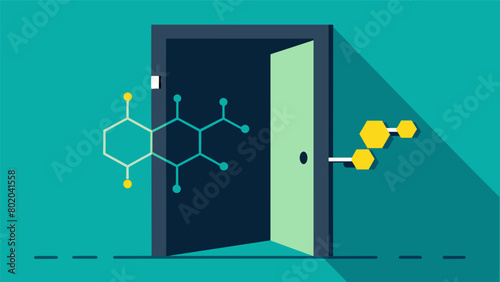 An old and weathered door being pried open by a ketamine molecule demonstrating how the drug can unlock and access suppressed emotions and traumas..