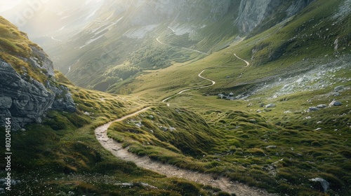 A captivating image of a winding mountain trail, with breathtaking vistas unfolding at every turn, inspiring the viewer to embark on a leisurely and contemplative journey on World Sauntering Day. photo