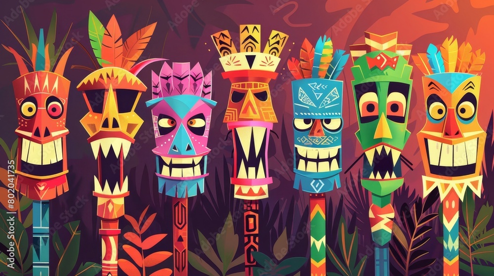 Tiki masks cartoon landing page, tribal wooden totems, Hawaiian, African, Polynesian cultural attributes, scary faces, decorated ancient wood disguise modern web banner.