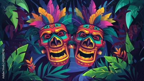 Modern banner for tikki masks shop with hawaiian tribal totem. Landing page with cartoon illustration of traditional polynesian wooden gods. Advertising website with tikki masks images. photo