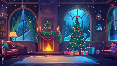 Cartoon illustration of a room at Christmas night with an empty fireplace  a decorated fir tree with toys and glowing garlands  classic furniture and large arched windows  Xmas eve cartoon.