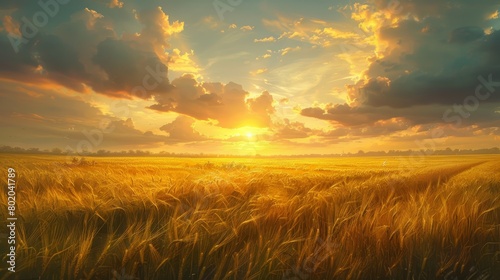 Golden Wheat Field Under Blue Sky Generative AI #802041789