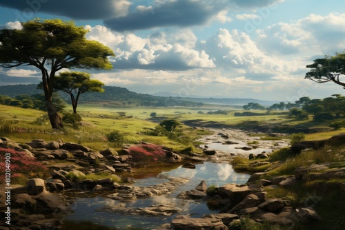 Paraguay landscape. Tree stands in the middle of a grassy field with a river. Cloudy sky. Serene and peaceful atmosphere. Generative ai. © Sci-Fi Agent
