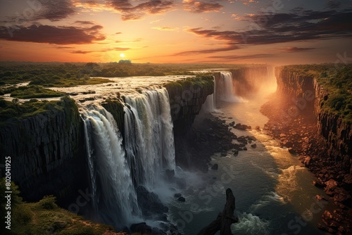 Paraguay landscape. Beautiful waterfall scene with flowing river. Cloudy sky on sunset. Generative ai.
