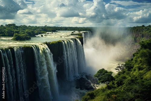 Paraguay landscape. Beautiful waterfall scene with flowing river. Cloudy sky. Generative ai.