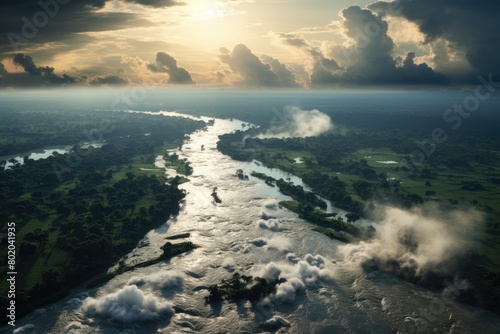 Paraguayan landscape. Drone view of a wide river. Sunset. Sky with white clouds.