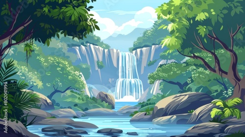 A waterfall in a rain forest scene with trees and mountains. Modern cartoon illustration of a rain forest scene with green plants and streams of water.