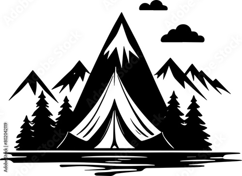 Outdoor camping icon for graphic design Tourist tent, forest, camp, trees, Camp badges, & labels photo