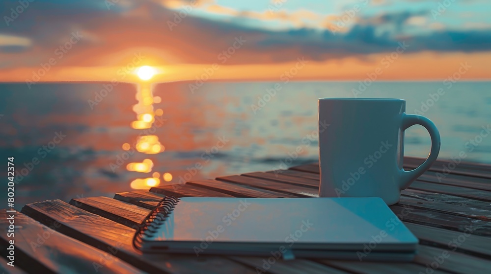 Fototapeta premium Coffee mug and notebook on wooden table,&nbsp;sea,&nbsp;sky and sunset in the background