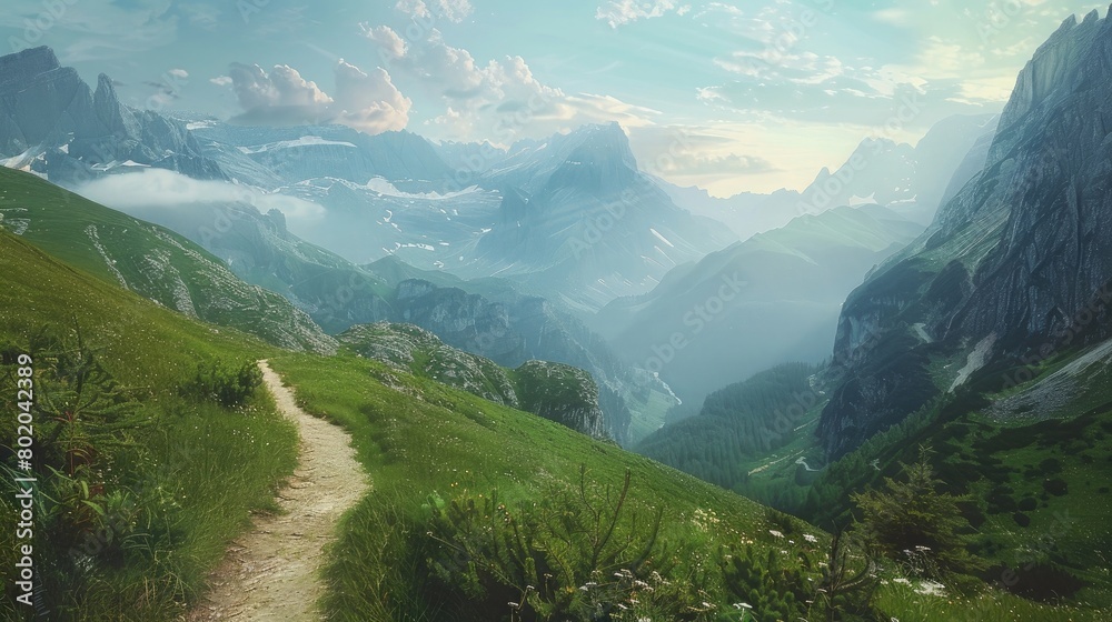 A captivating image of a winding mountain trail, with breathtaking vistas unfolding at every turn, inspiring the viewer to embark on a leisurely and contemplative journey on World Sauntering Day.