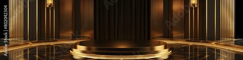 A black and gold empty room, elegance and art deco glamour, product podium, stage. Banner. Copy space.