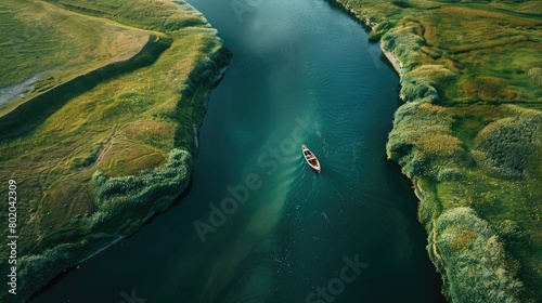 A captivating image of a winding river  with a small boat drifting along the current  capturing the peaceful and unhurried pace of a leisurely journey on World Sauntering Day.