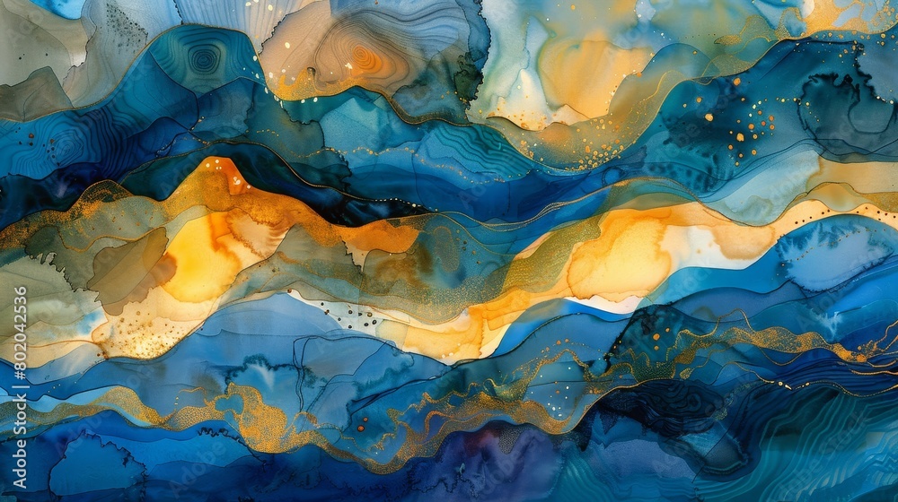 custom made wallpaper toronto digitalWatercolor abstraction of fluid shapes, warm golden hues clashing with deep oceanic blues to evoke a sense of vibrant movement