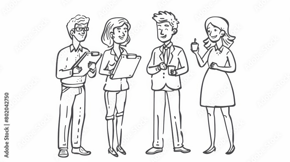 Team of business people discussing work issues, businessmen with laptops, clip boards, and women holding coffee cups. Linear modern illustration of teamwork in enterprise. Team of business people discussing work issues, businessmen with laptops, clip boards, and women holding coffee cups. Linear modern illustration of teamwork in enterprise.
