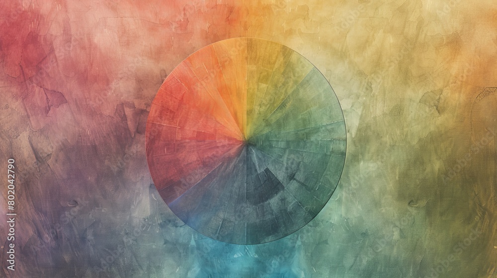 Fototapeta premium Simplistic watercolor backdrop with a subtly textured wooden color wheel, abstract color fields surrounding it in soft, blending strokes
