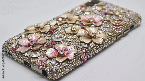 An eye-catching phone case decorated with an elaborate floral design made entirely of sparkling rhinestones, adding a touch of glamour to everyday accessories.