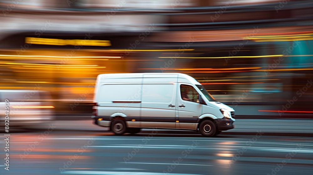 Motion blurred image of white delivery van in the street