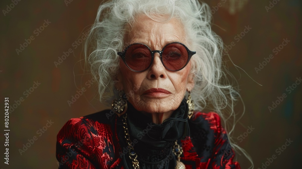 An elderly fashion icon striking a pose in haute couture, exuding elegance and sophistication on the runway.